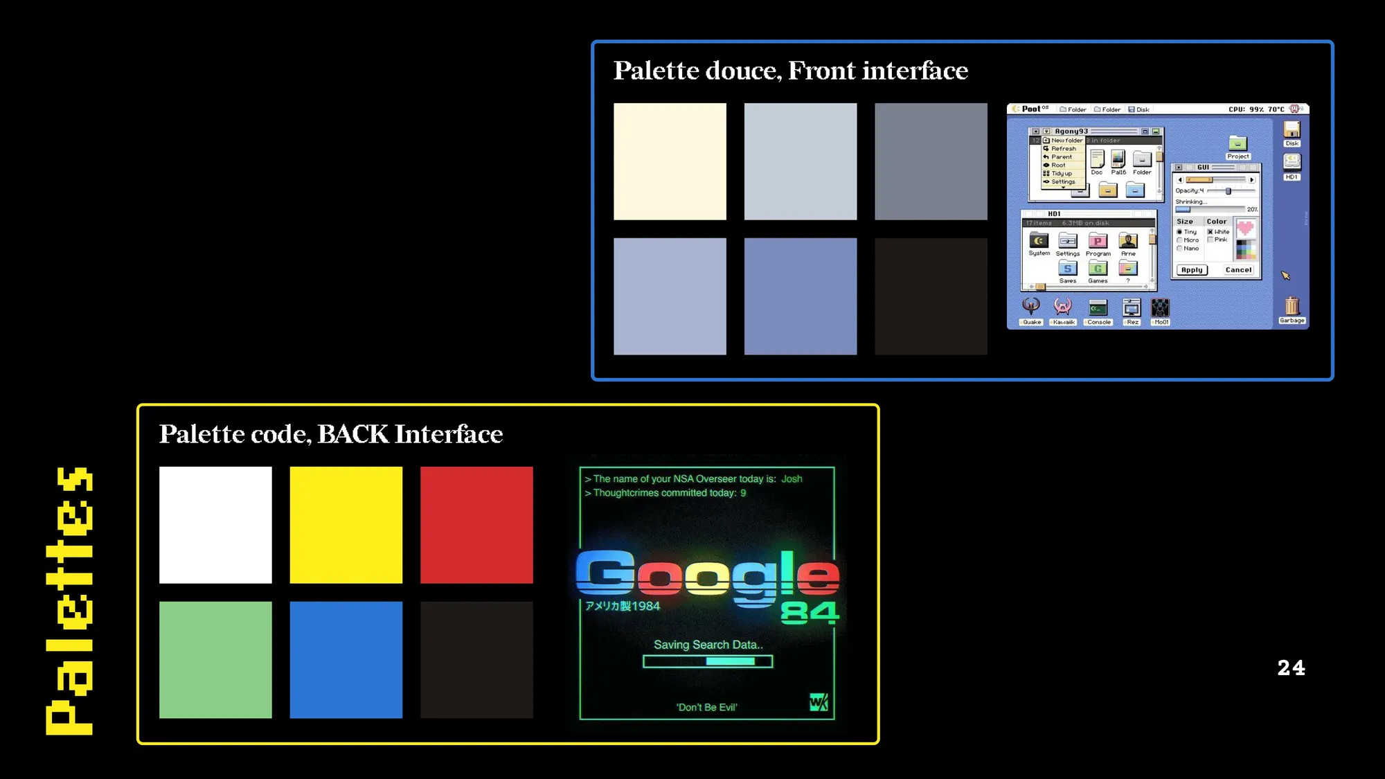 Les deux palettes du projet : douce pour le front, saturée pour le back