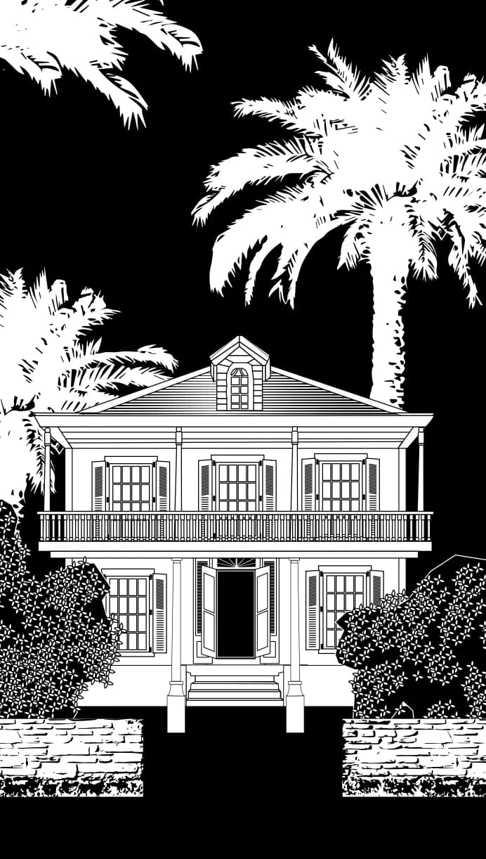 La maison antillaise de l'agence, entourée de palmiers
