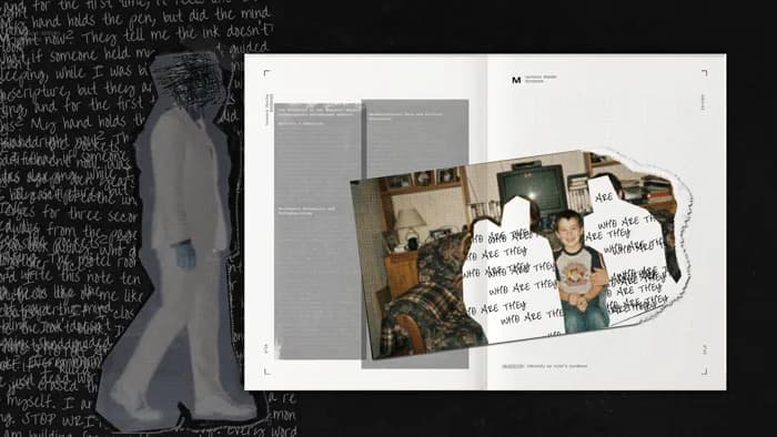 Le livre ouvert sur les Polaroids et les notes découpées