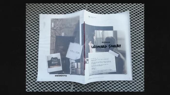 Le carnet ouvert, la couverture « Leonard Shelby » posée dessus