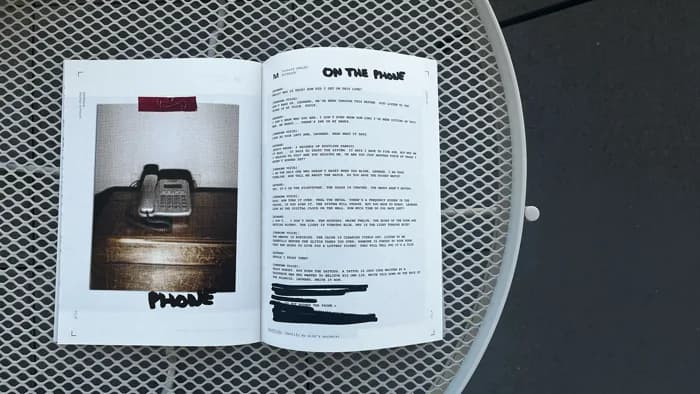 La double page « On the phone » sur la table de jardin