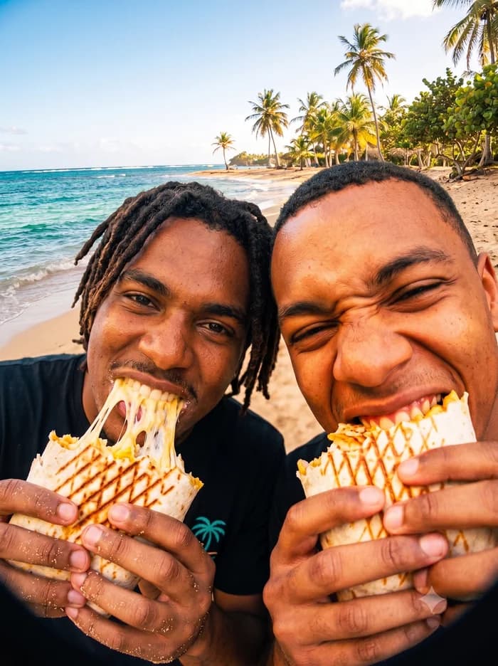 Deux amis mordant dans leur tacos sur la plage