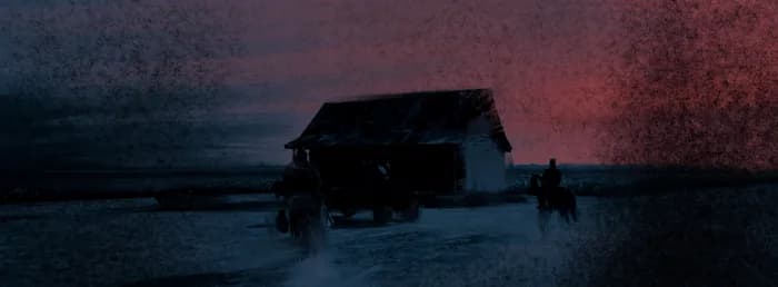 Une maison de bois isolée au bord de l'eau, le ciel rouge