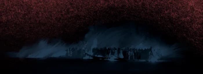Une foule minuscule au loin, sur fond de braises